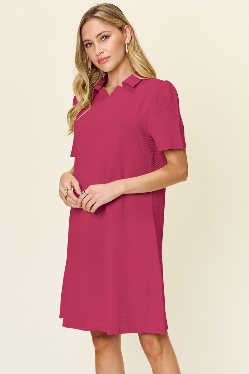 Double Take Full Size Texture Collared Neck Short Sleeve Dress