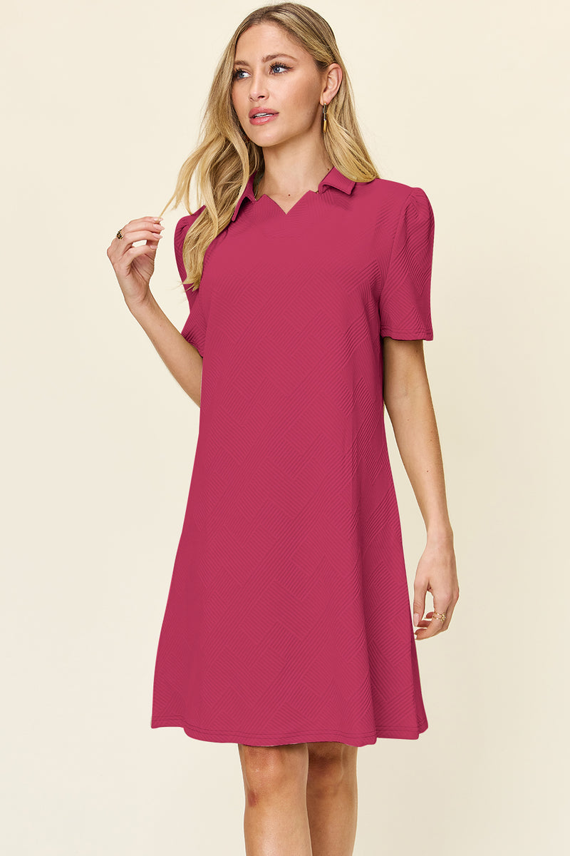 Double Take Full Size Texture Collared Neck Short Sleeve Dress