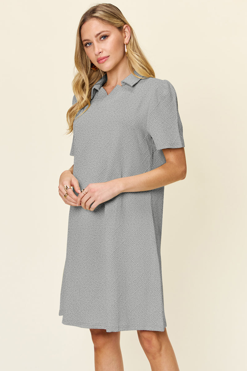 Double Take Full Size Texture Collared Neck Short Sleeve Dress