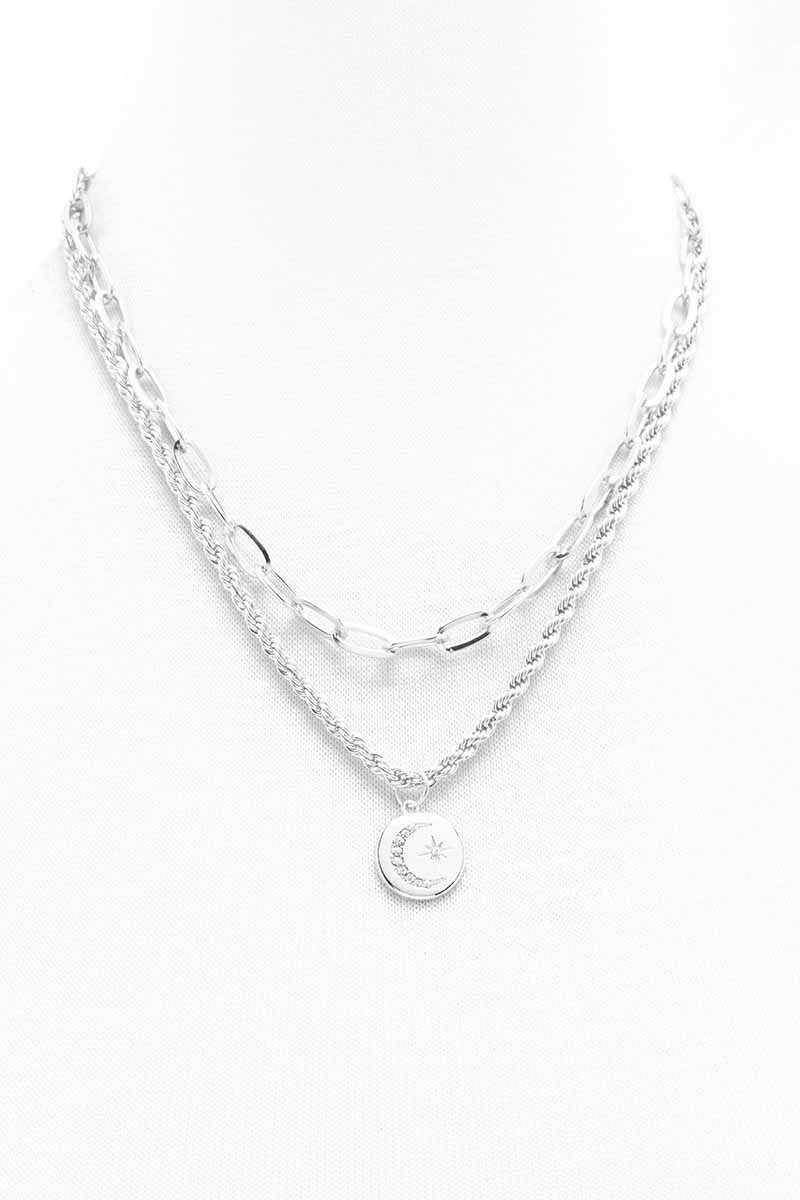 2 Layered Metal Chain Round Pendant Necklace - AM APPAREL