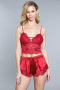 2 Piece. Lace Detail Croptop, Adjustable Straps And Satin With Inseam Lace Shorts - AM APPAREL