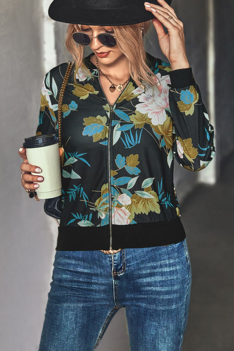 Chaqueta bomber floral con cremallera y ribete acanalado