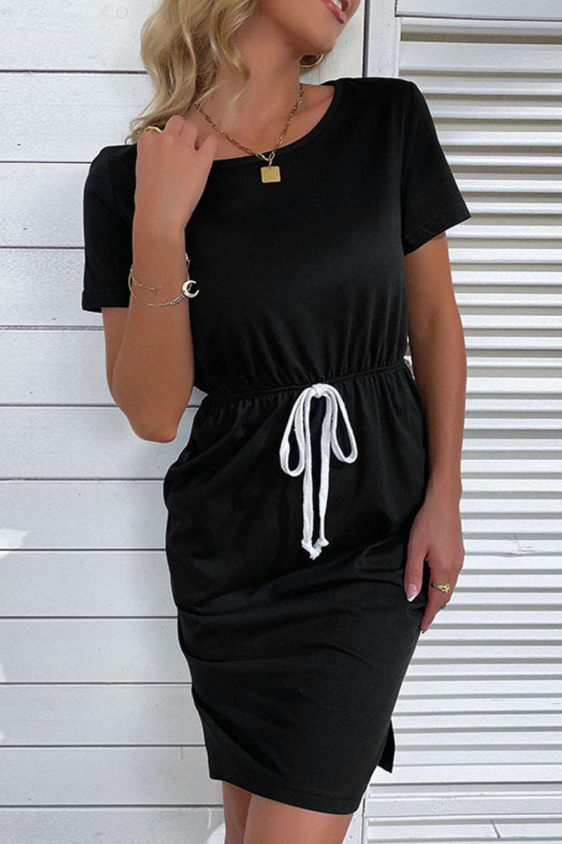 Side Slit Drawstring Round Neck Dress - AM APPAREL