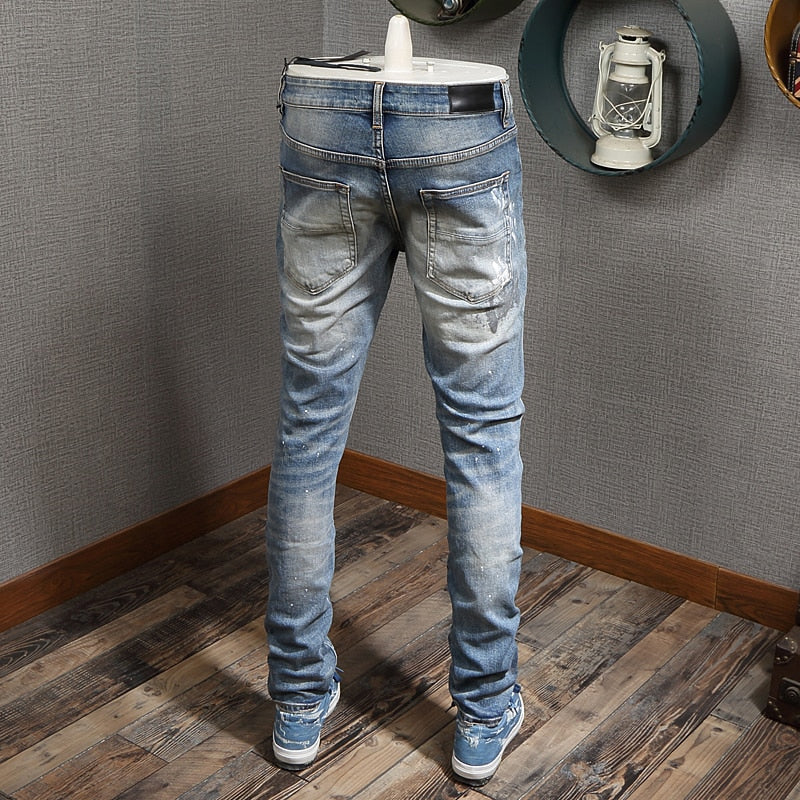 Men's High Street Fashion Light Blue Ripped Jeans