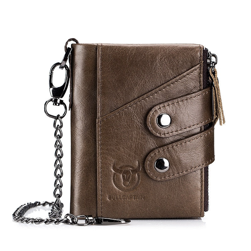 BULLCAPTAIN Genuine Leather Zipper Wallet W/Chain