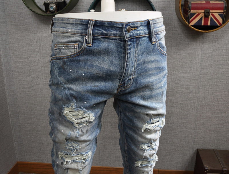 Men's High Street Fashion Light Blue Ripped Jeans