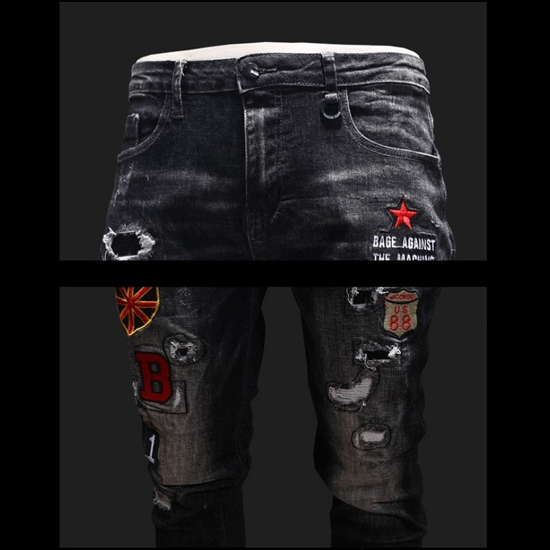 Men's Embroidery Distressed Casual Slim Fit Jeans