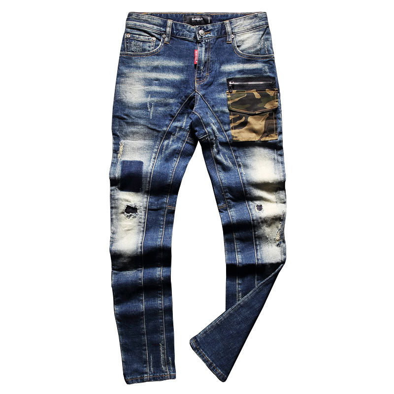 Men's Fashion Distressed Jeans W/ Camo Pocket