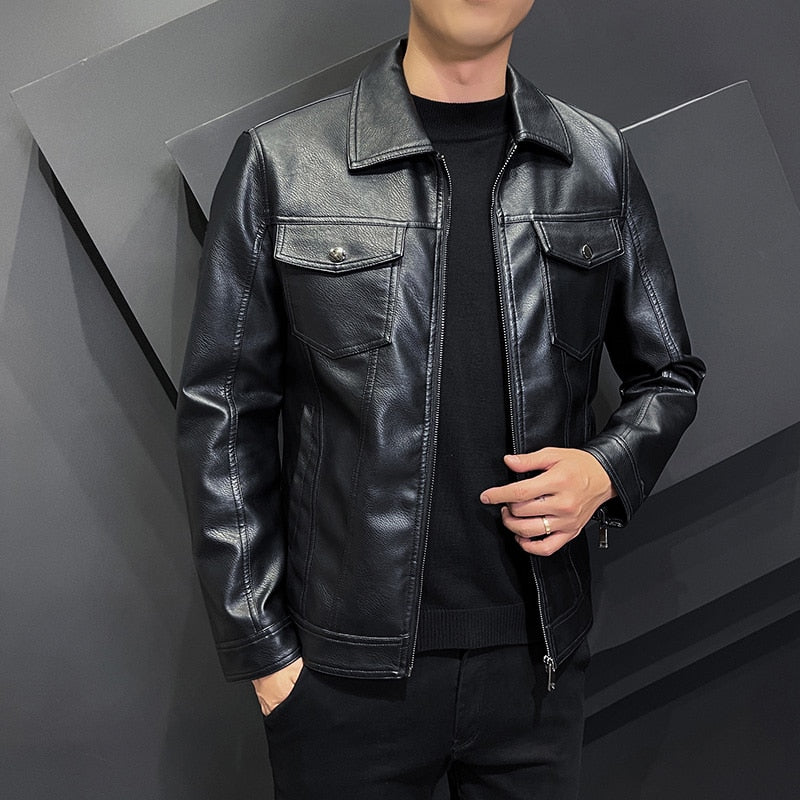 COUR Men's Fall/Winter Collar Faux Leather Jacket