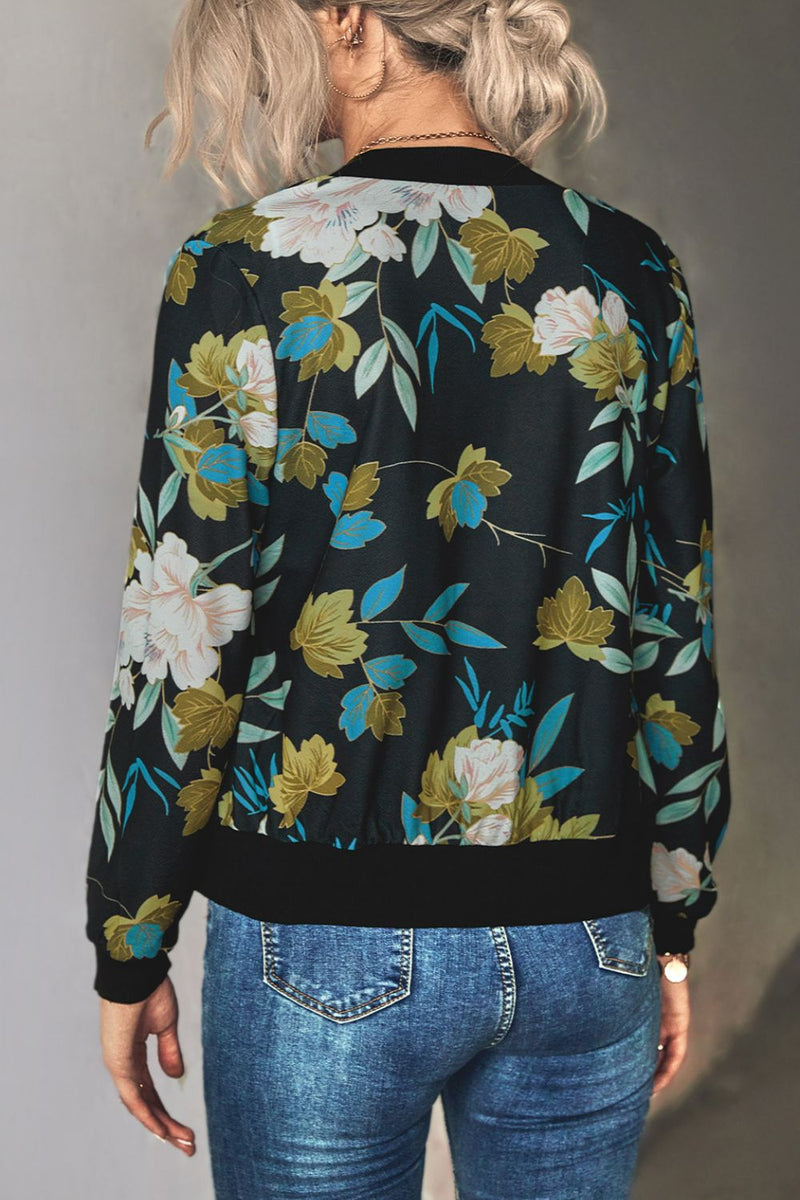 Chaqueta bomber floral con cremallera y ribete acanalado