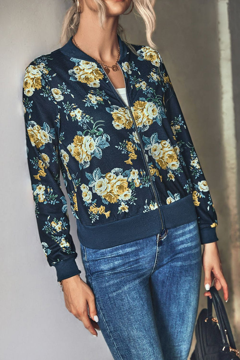 Chaqueta bomber floral con cremallera y ribete acanalado