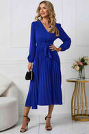 V-Neck Long Sleeve Tie Waist Midi Dress