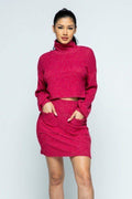 Brushed Knit Mock Neck Top With Front Pocket And Mini Skirt Set - AM APPAREL