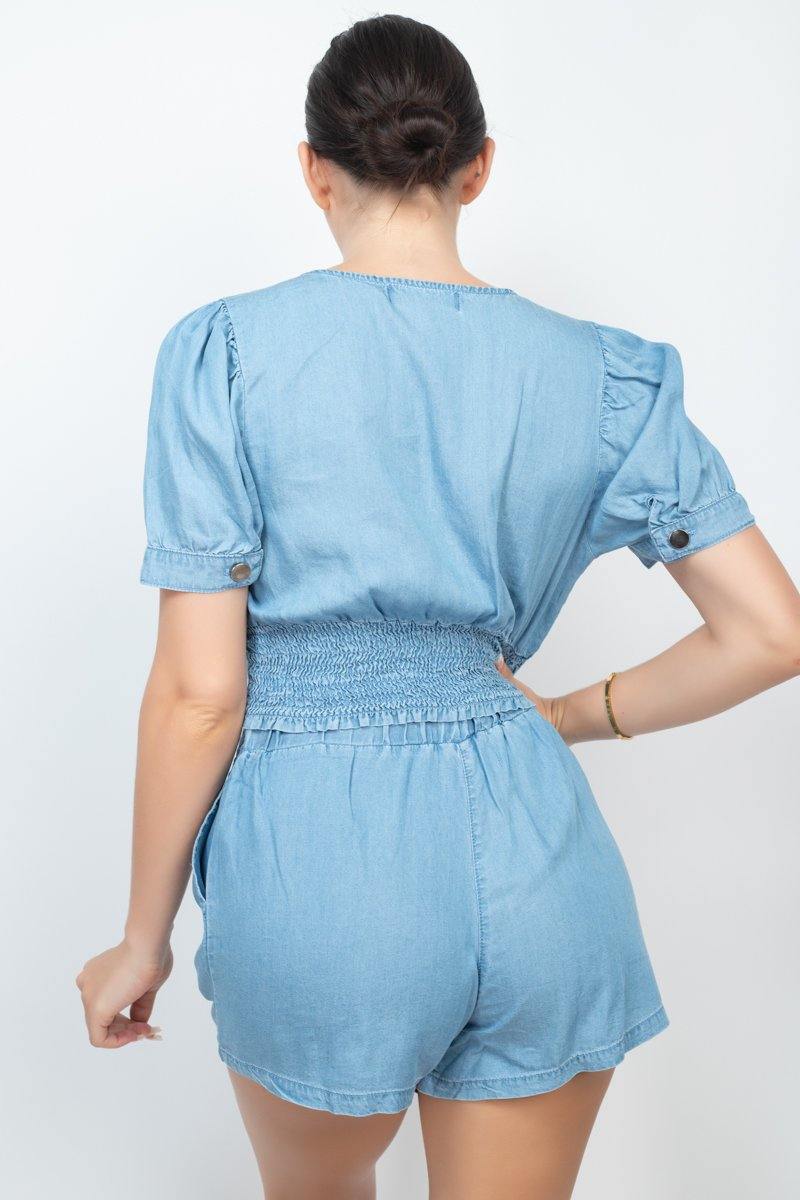 Button-front Denim Top And Shorts Set - AM APPAREL