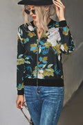 Chaqueta bomber floral con cremallera y ribete acanalado