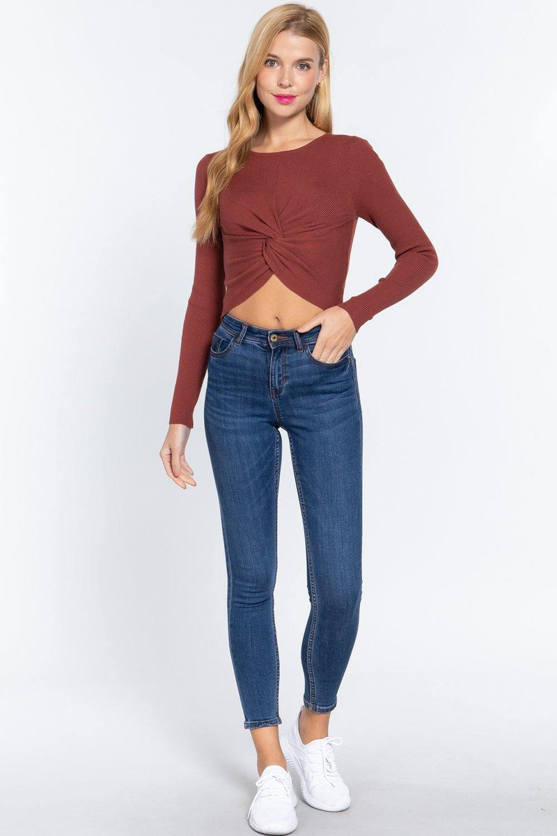 Crew Neck Knotted Crop Sweater - AM APPAREL