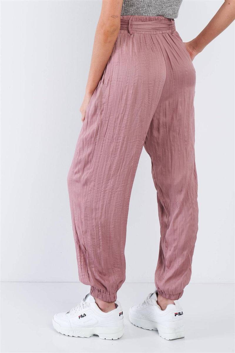 Crushed Satin Cinched Ankle Self Tie Waist Pants - AM APPAREL