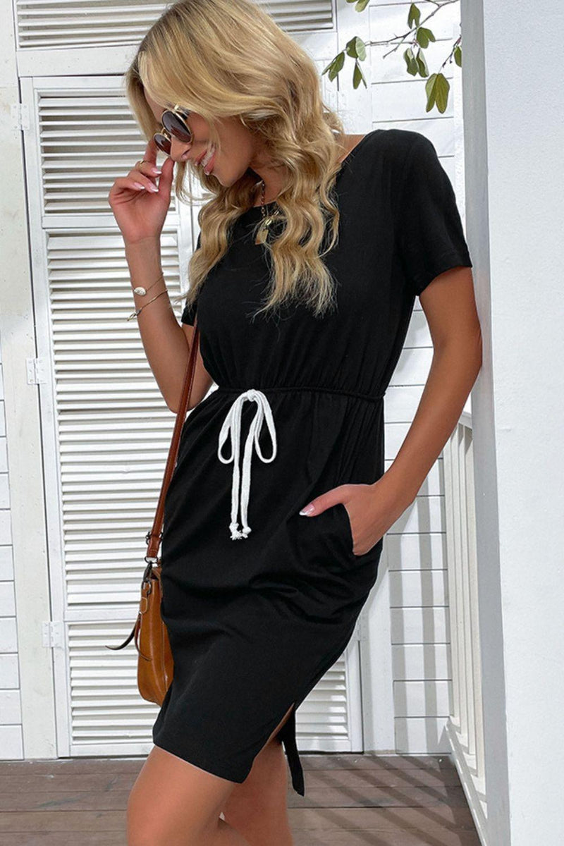 Side Slit Drawstring Round Neck Dress - AM APPAREL