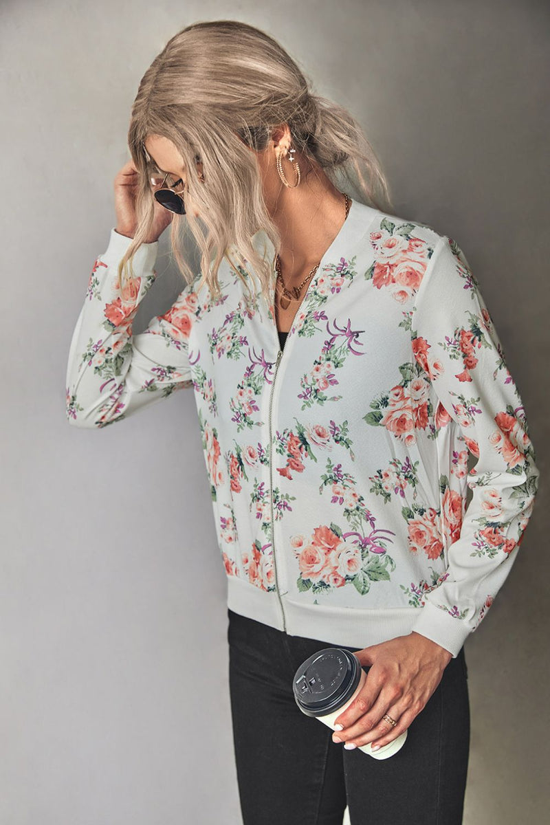 Chaqueta bomber floral con cremallera y ribete acanalado