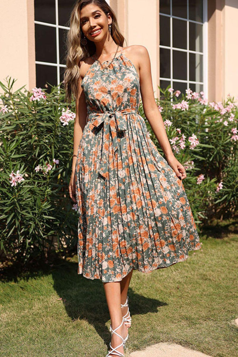 Floral Tie Waist Pleated Dress - AM APPAREL