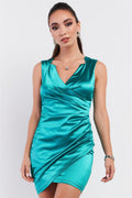 Emerald Green Satin Effect Sleeveless V-neck Wrap Front Detail Mini Dress - AM APPAREL