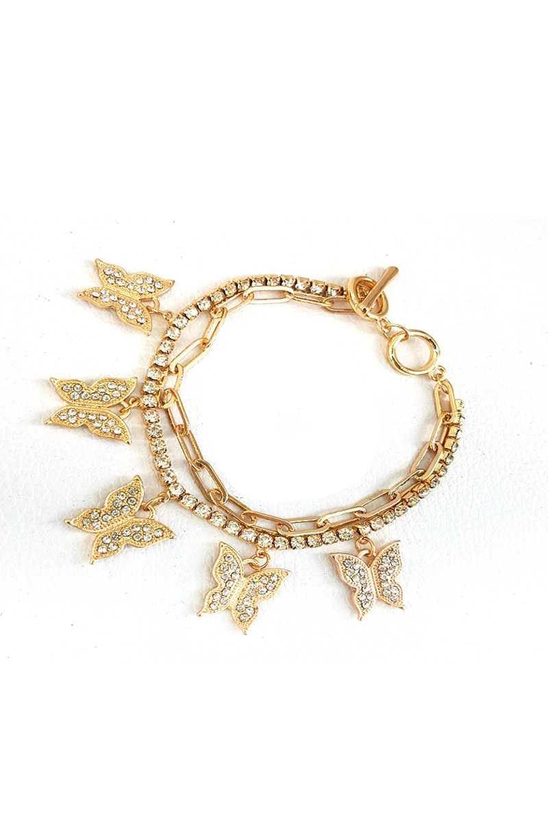 Fashion Trendy Double Layer Rhinestone Butterfly Bracelet - AM APPAREL
