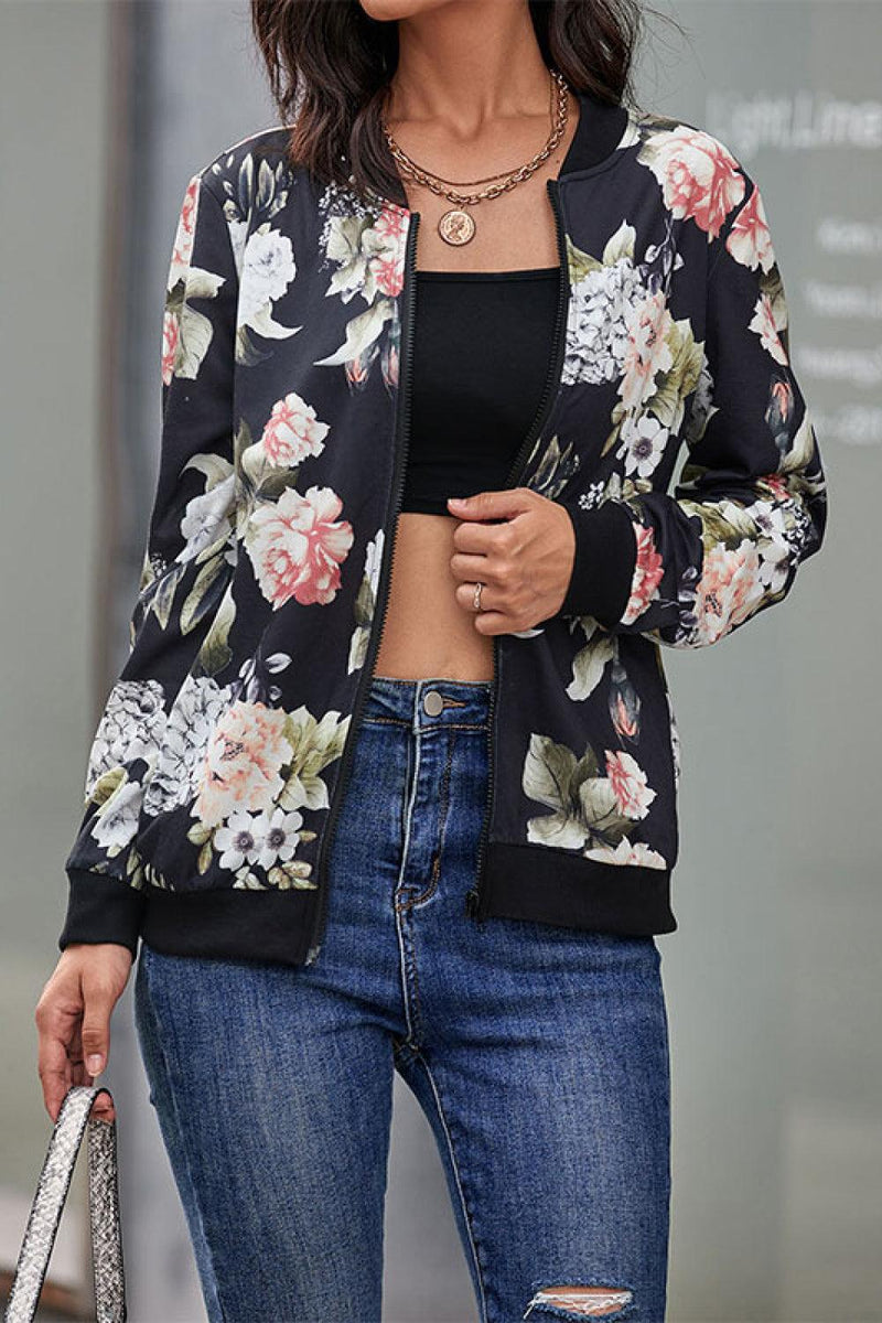 Floral Print Zip Up Bomber Jacket - AM APPAREL