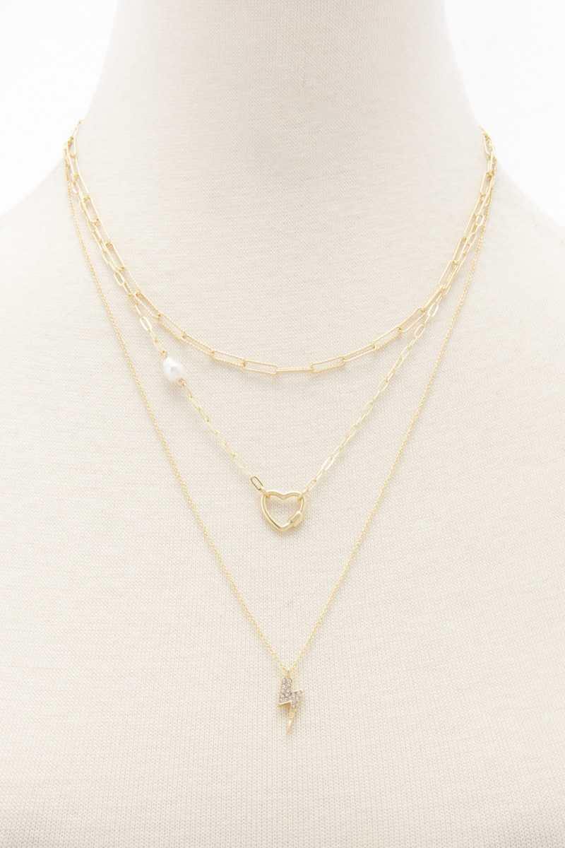Heart Charm Oval Link Layered Necklace - AM APPAREL