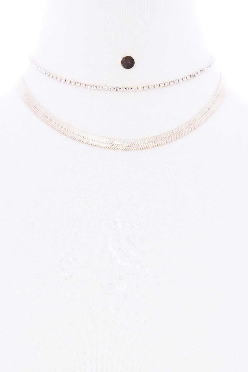 Herringbone Rhinestone Chain 2 Layered Necklace Earring Set - AM APPAREL