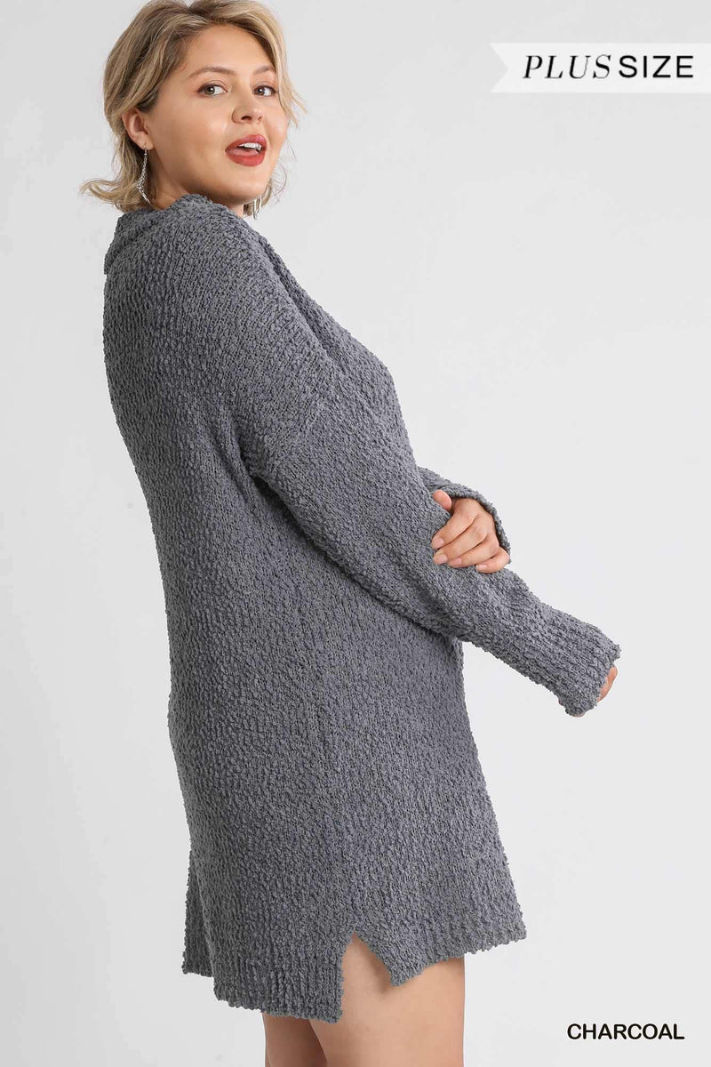 High Cowl Neck Bouclé Long Sleeve Sweater Dress - AM APPAREL