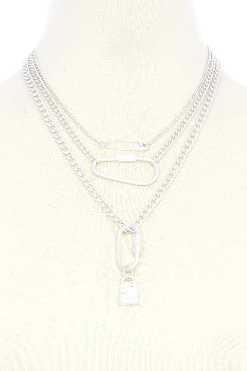 Lock Charm Metal Layered Necklace - AM APPAREL