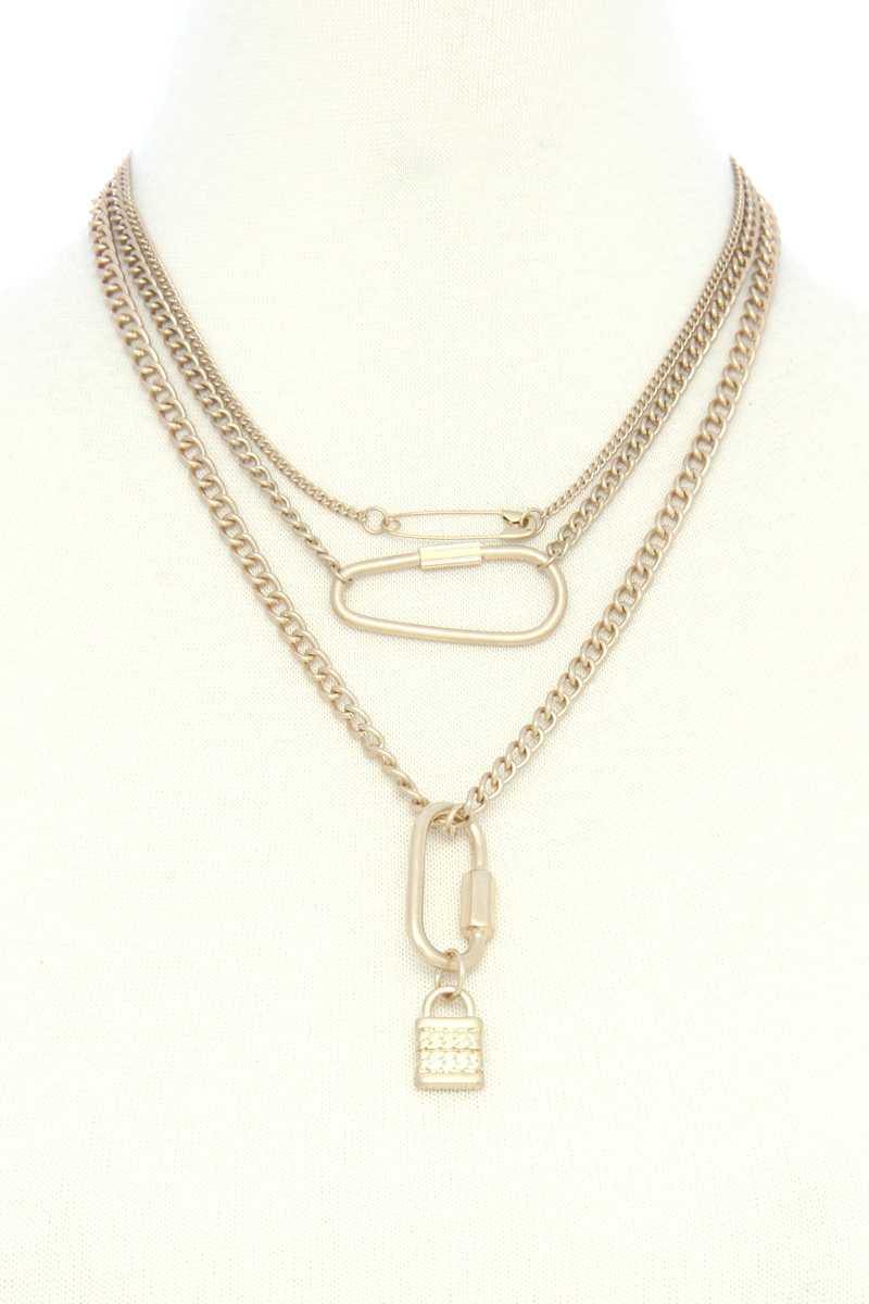 Lock Charm Metal Layered Necklace - AM APPAREL