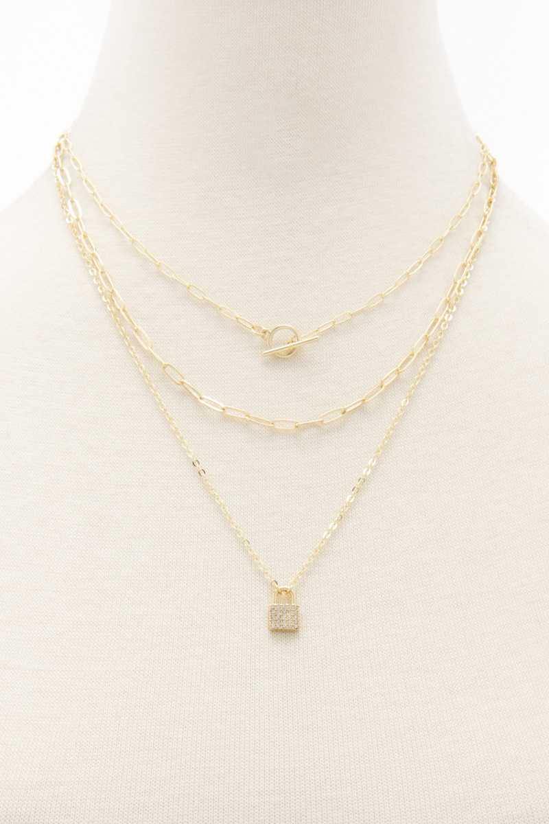 Lock Charm Oval Link Layered Necklace - AM APPAREL