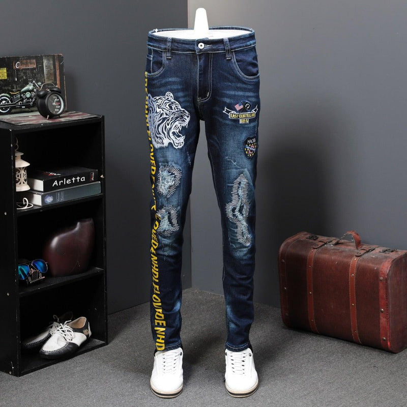 Men's Autumn Patchwork Tiger Embroidery Jeans - AM APPAREL