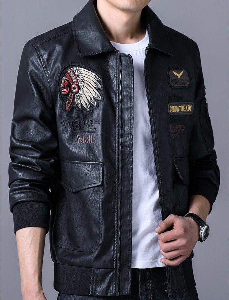 Men's Embroidered Motorcycle Faux Leather Jacket - AM APPAREL