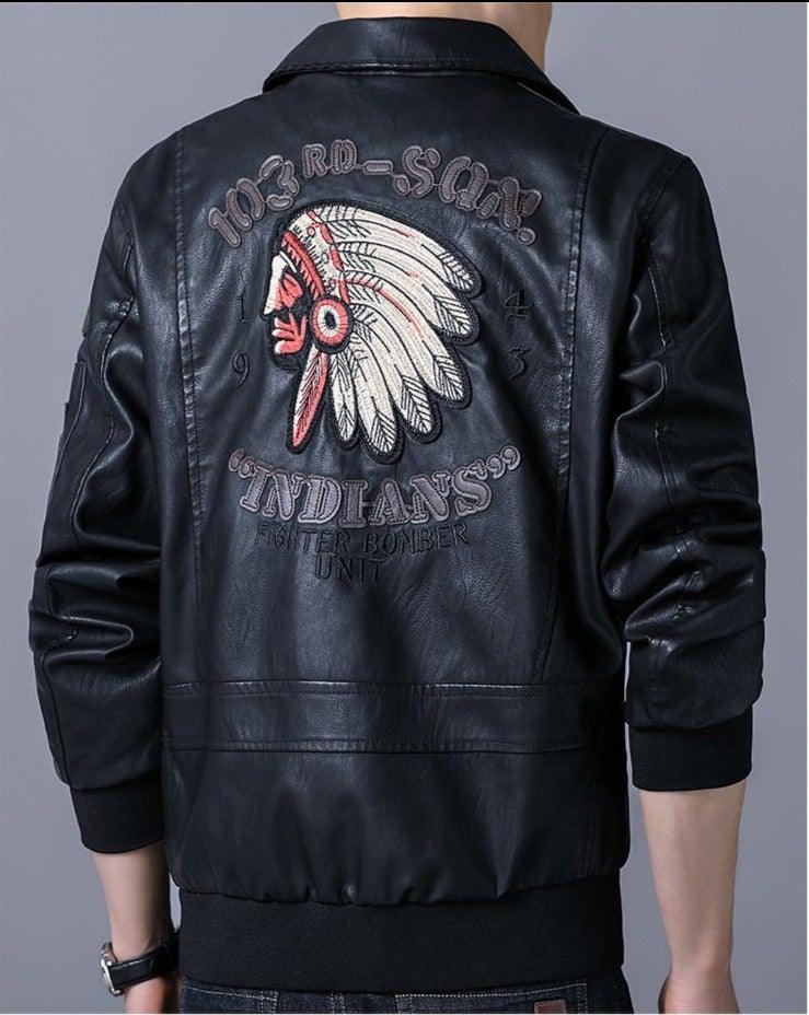 Men's Embroidered Motorcycle Faux Leather Jacket - AM APPAREL