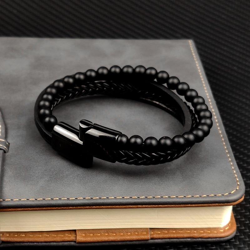 Men's Fine Multi-Layered Leather Beaded Bracelet - AM APPAREL