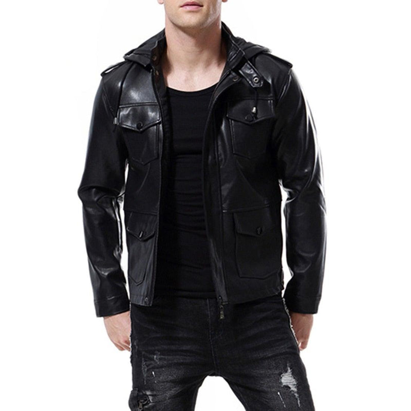 Men's Motorcycle Hooded Faux Leather Jacket - AM APPAREL