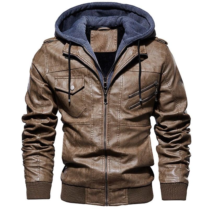 Men's PU Faux Leather Hooded Winter Jacket - AM APPAREL