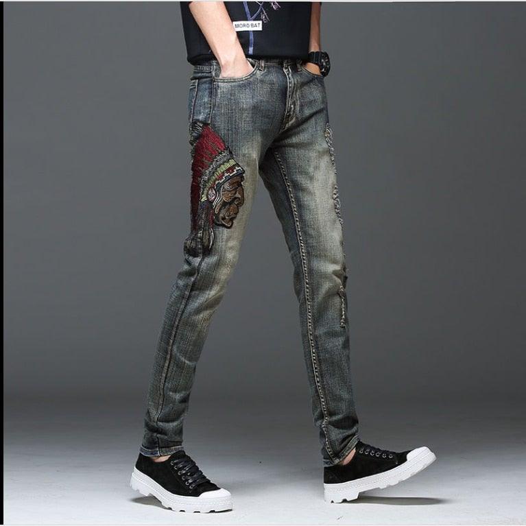 Men's "Skull" Embroidered Stretchy Jeans - AM APPAREL