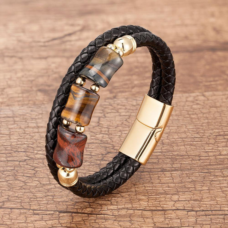 Men's Stone Genuine Leather Bracelet - AM APPAREL