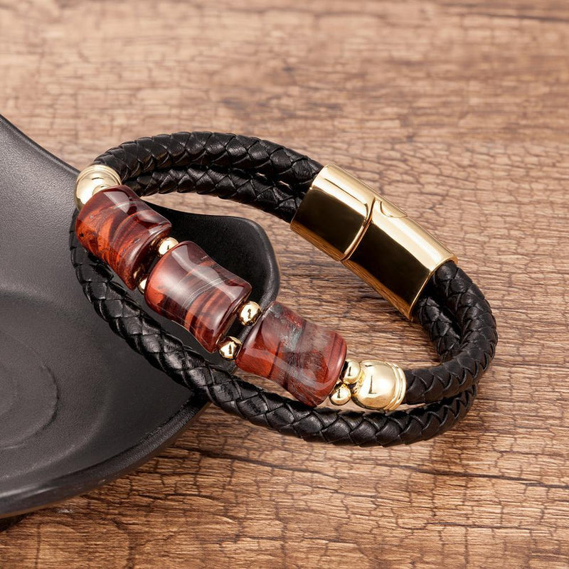 Men's Stone Genuine Leather Bracelet - AM APPAREL