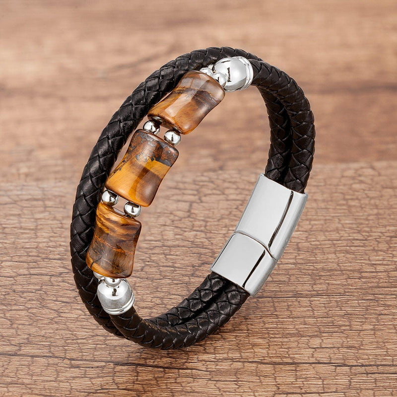 Men's Stone Genuine Leather Bracelet - AM APPAREL