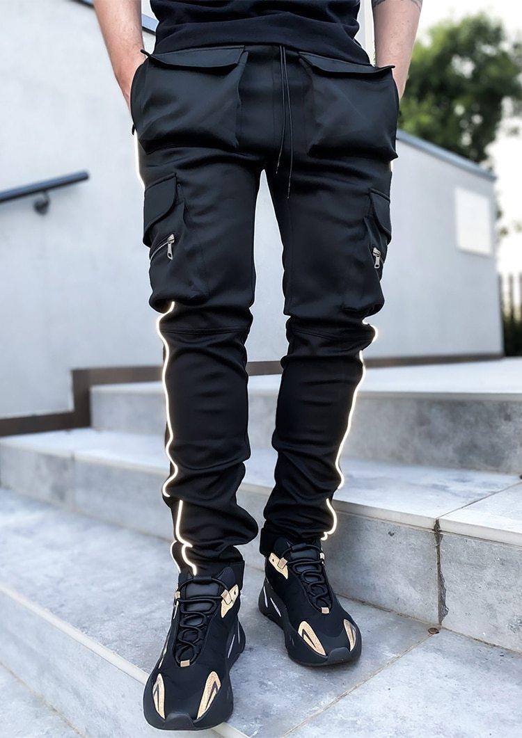 Men's Streetwear Multi-Pocket Cargo Pants W/ Reflective Lines - AM APPAREL