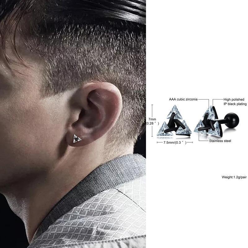 Men's Triangle Shaped Crystal Stud Earrings - AM APPAREL
