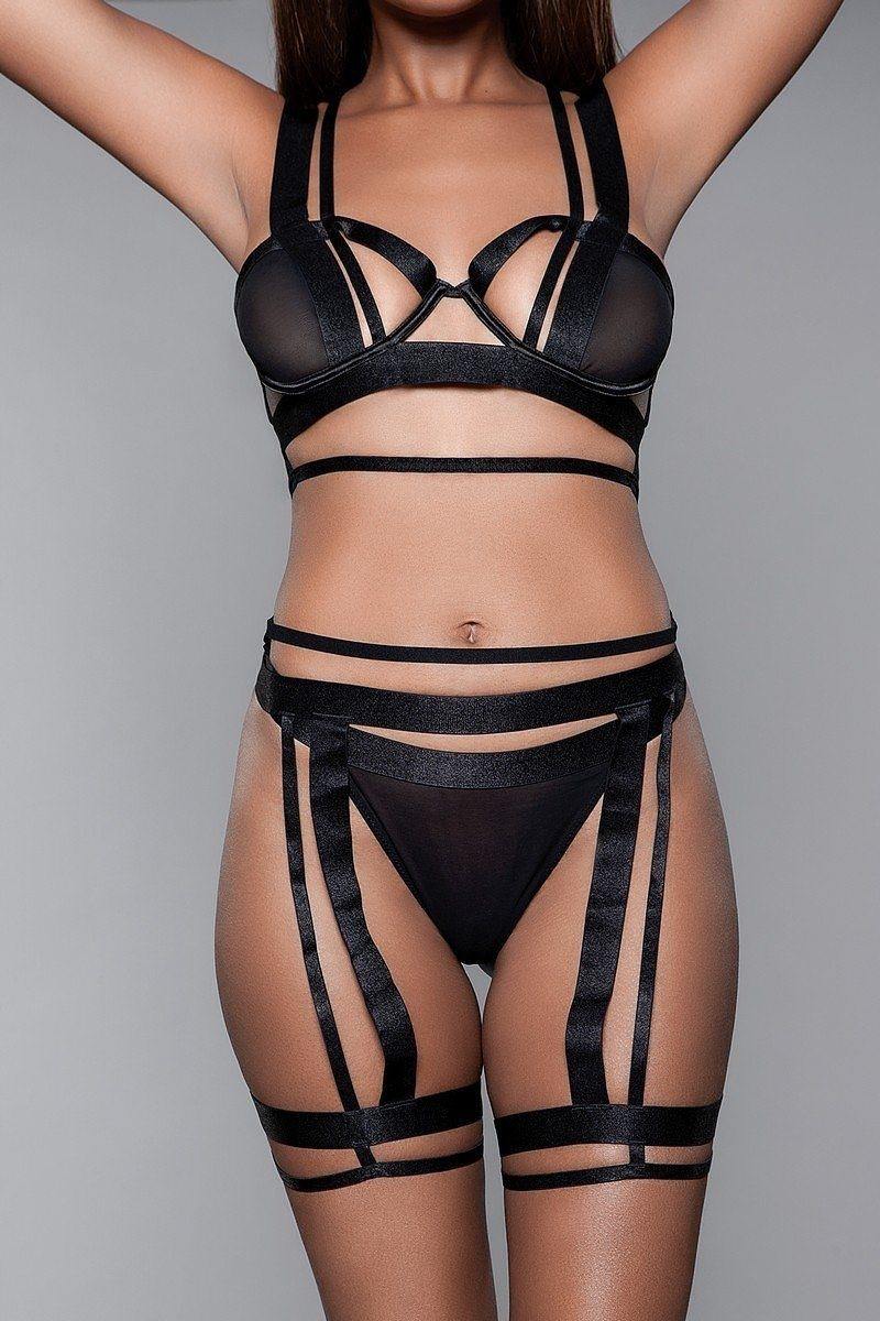 Mesh Bralette With Edgy Cut-outs  Matching Thigh Harness 2 Pc Set - AM APPAREL