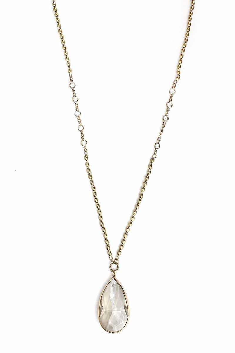 Metal Chain Crystal Stone Pendant Long Necklace - AM APPAREL