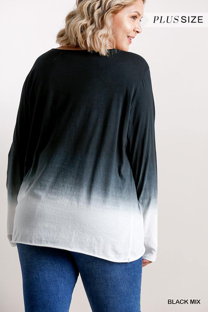 Ombre Print Long Sleeve Top With Gathered Front Detail And Raw Hem - AM APPAREL