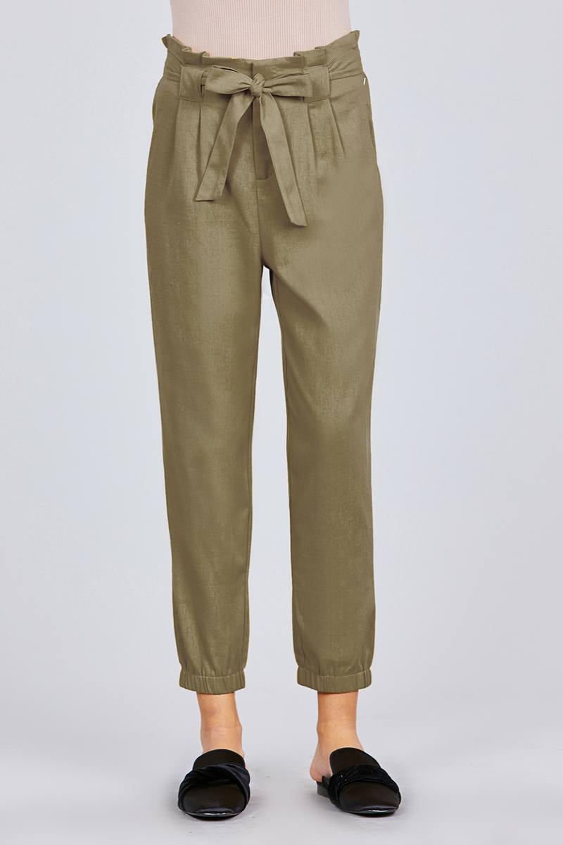 Paperbag W/bow Tie Elastic Hem Long Linen Pants - AM APPAREL