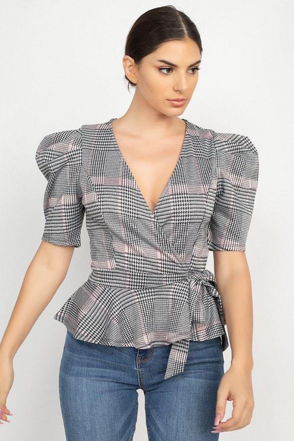 Plaid Front Wrap Puff Sleeve Top - AM APPAREL